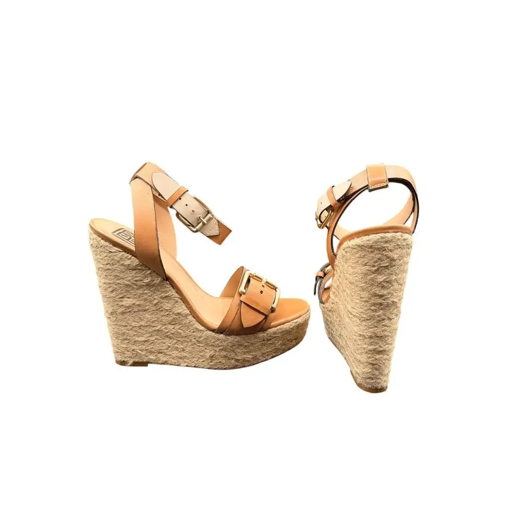 Pour La Victoire Espadrille Wedge Sandals Brown Leather Size 8
